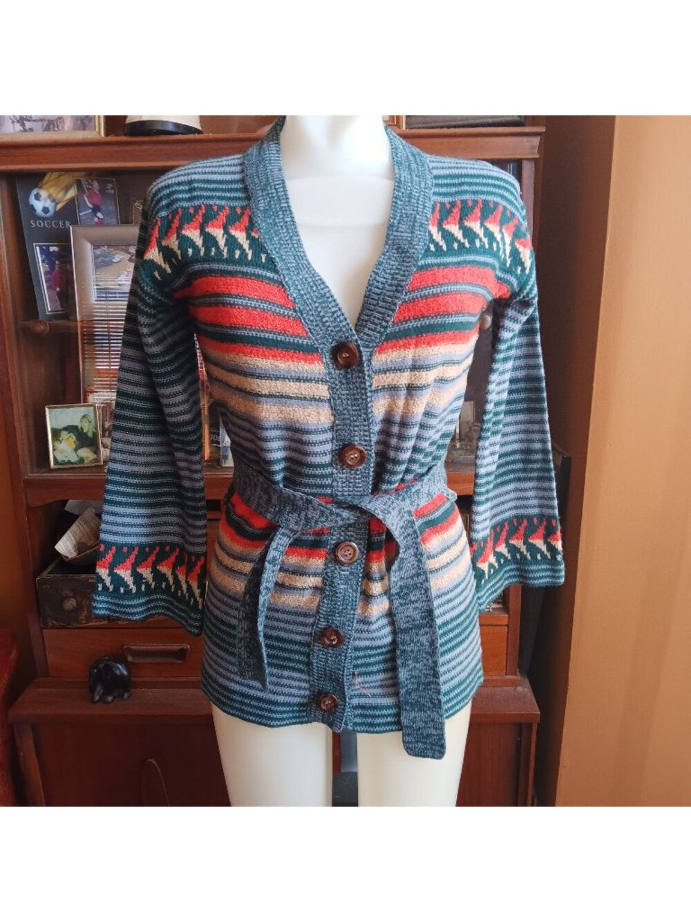 Vintage Cardigan Sweater Small Boho Jantzen Striped Knit Belted Waist Wooden 70s